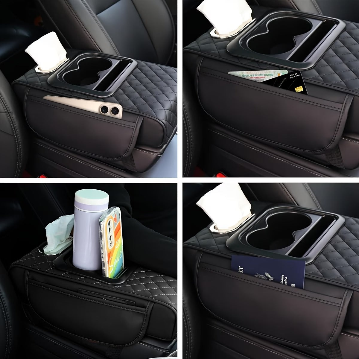 Car Armrest Cushion with Cup Holder with Tissue Box